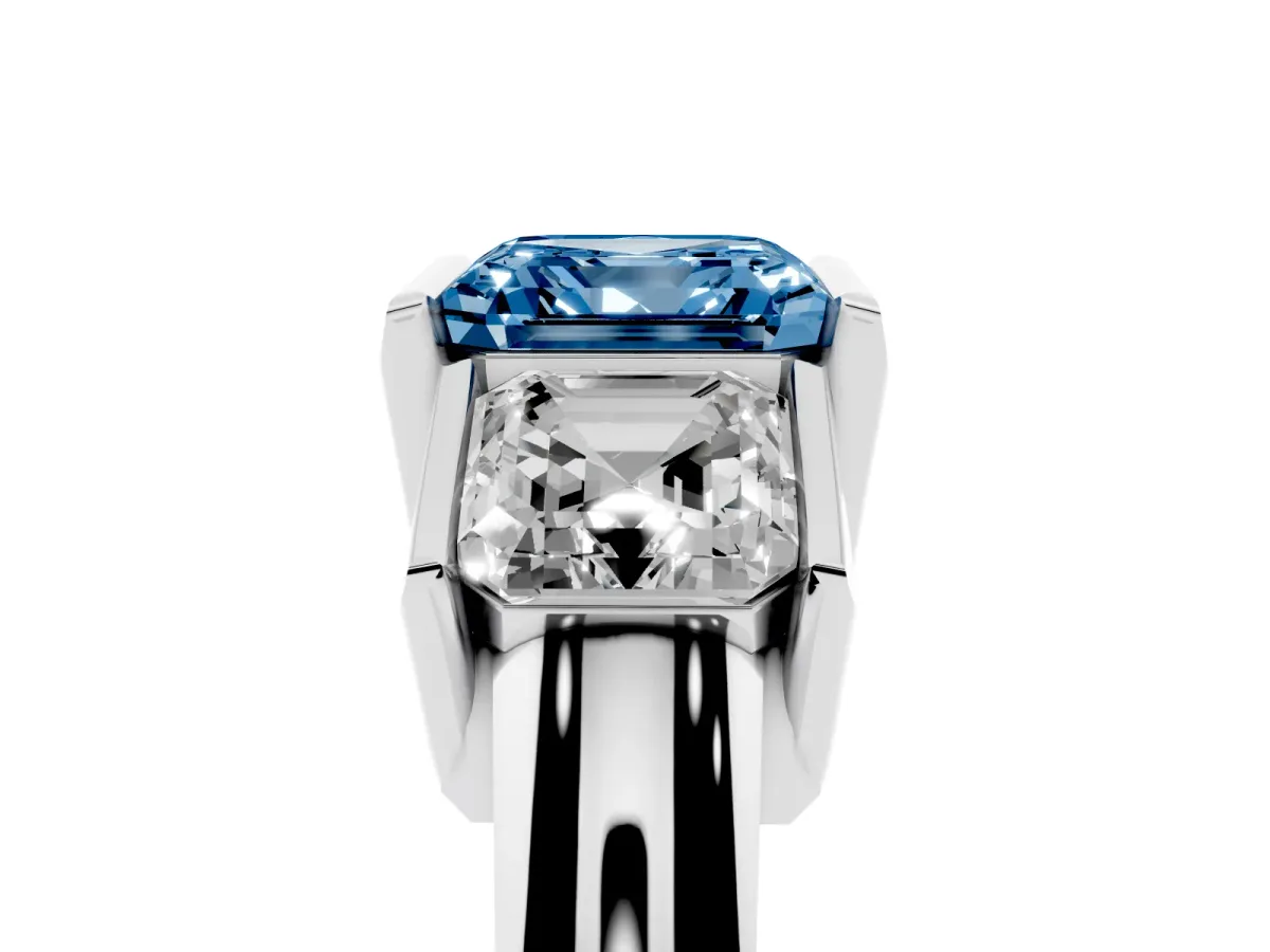 Fancy Blue Three Stone Asscher Cut Cut Channel Set Diamond Ring Platinum