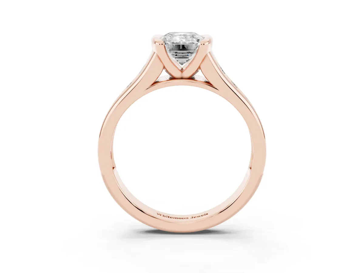 Emerald Cut Solitaire Bezel-Set Diamond Ring with Channel-Set Band Rose gold