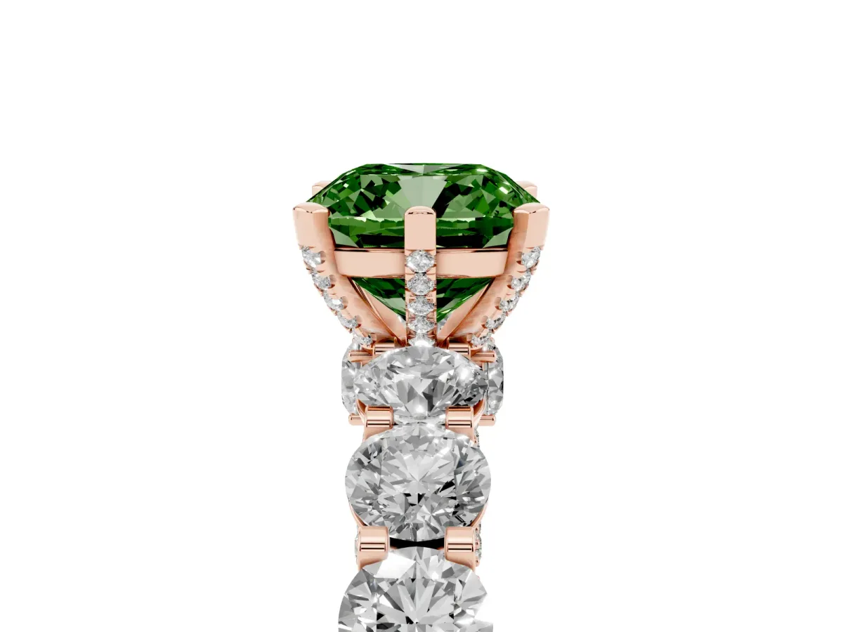 Fancy Green Cushion Cut Diamond Side Stone Engagement Ring with Four-Prong Setting Rose gold