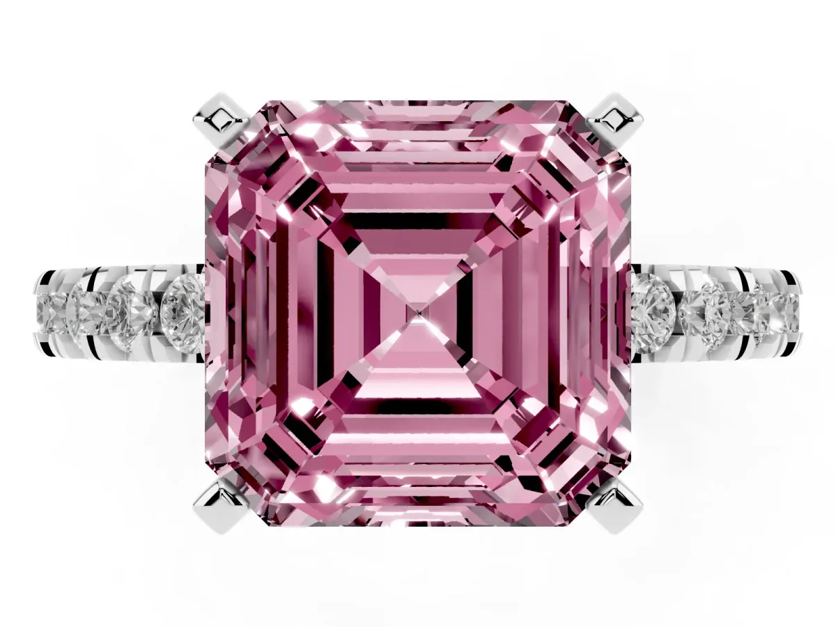 Fancy Pink Asscher Cut Diamond Pavé Band Solitaire with Four-Prong Setting Silver
