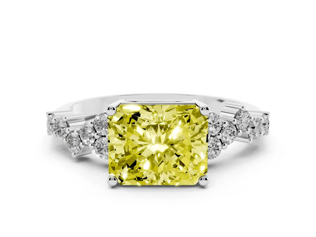 Fancy Yellow Radiant Cut Diamond Scattered Round Accent Ring with Prong Setting Silver