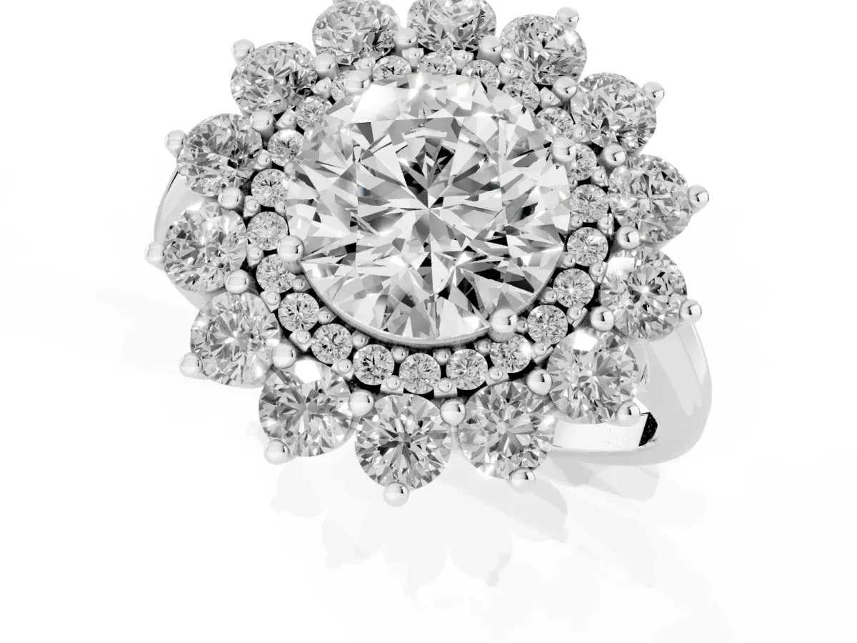 Round Cut Diamond Floral Double Halo Engagement Ring with Prong Setting Silver