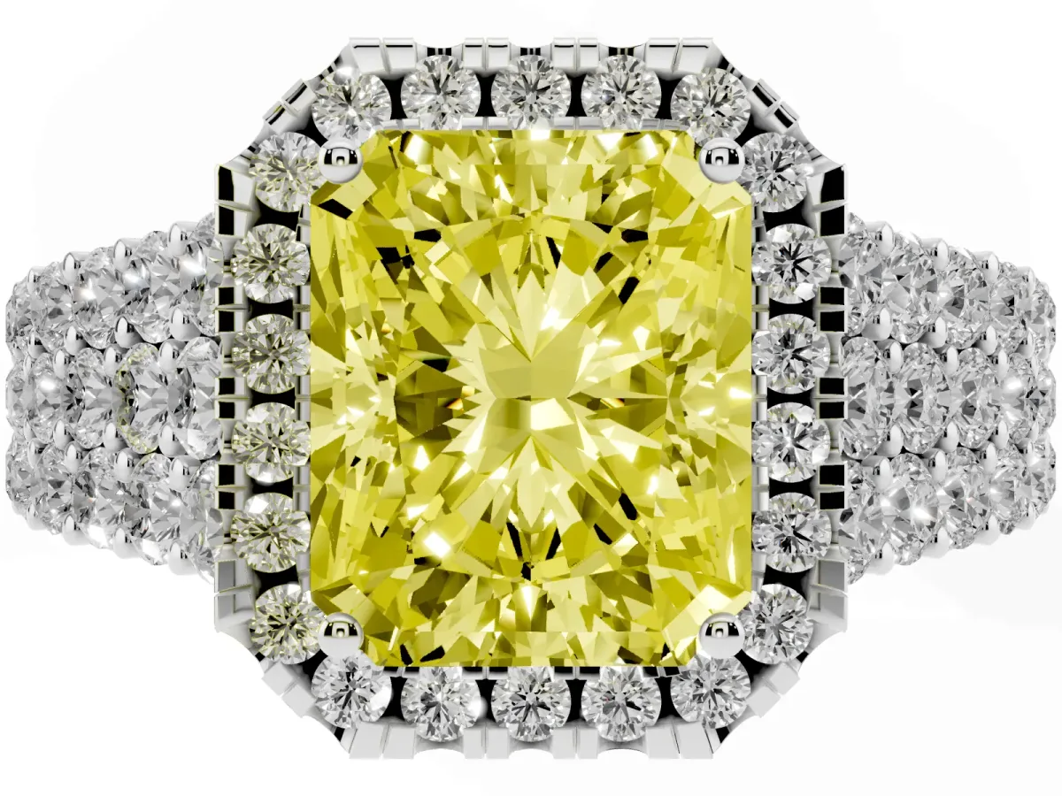 Fancy Yellow Radiant Cut Diamond Halo Engagement Ring with Triple Row Round Pavé Band and Prong Setting Platinum