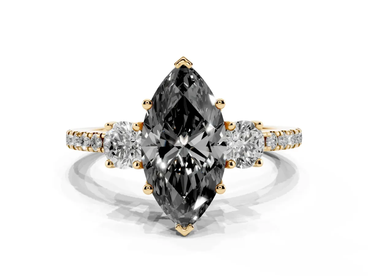 Fancy Black Three-Stone Marquise Cut Cut Diamond Pavé Band with Prong Setting Yellow gold