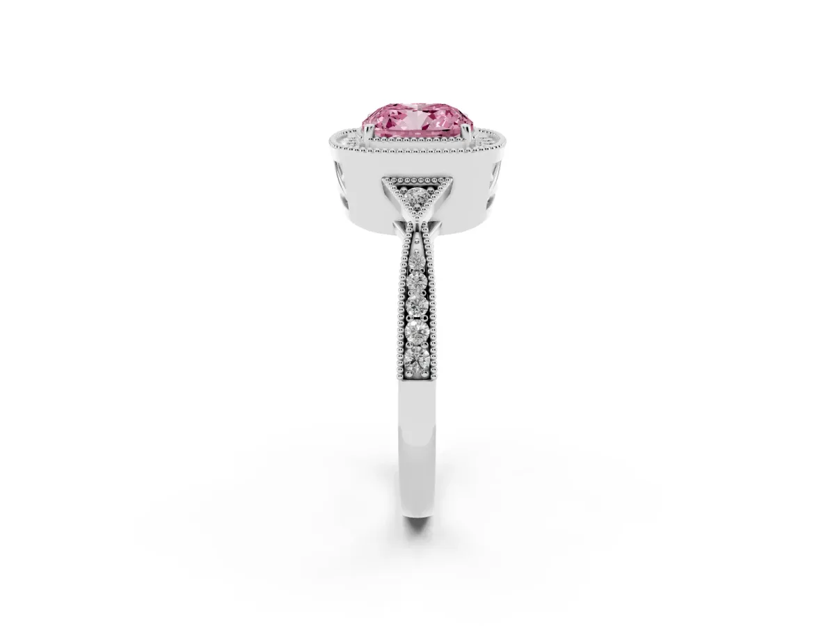 Fancy Pink Cushion Cut Halo Round Diamond Milgrain Pave Engagement Ring White gold