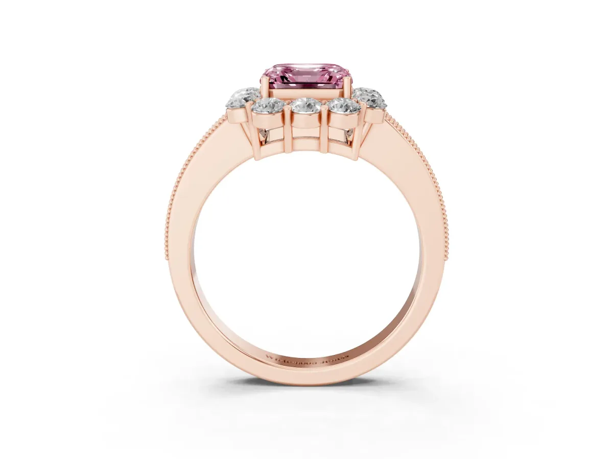 Fancy Pink Asscher Cut Cut Halo Diamond Pavé Engagement Ring with Milgrain Detailing Rose gold