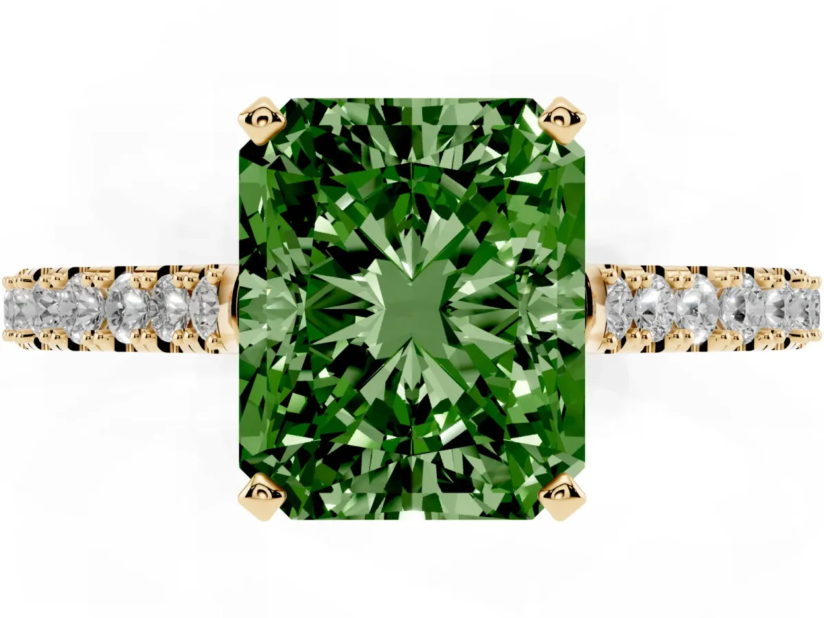Fancy Green Radiant Cut Cut Solitaire Diamond Engagement Ring with Pave Band and Four-Prong Setting Yellow gold