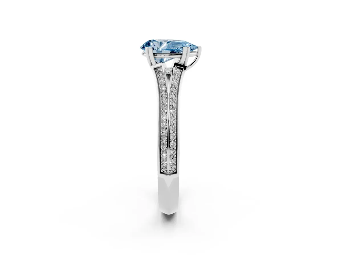 Fancy Blue Pear Cut Diamond Split Shank Engagement Ring with Pavé Band Silver