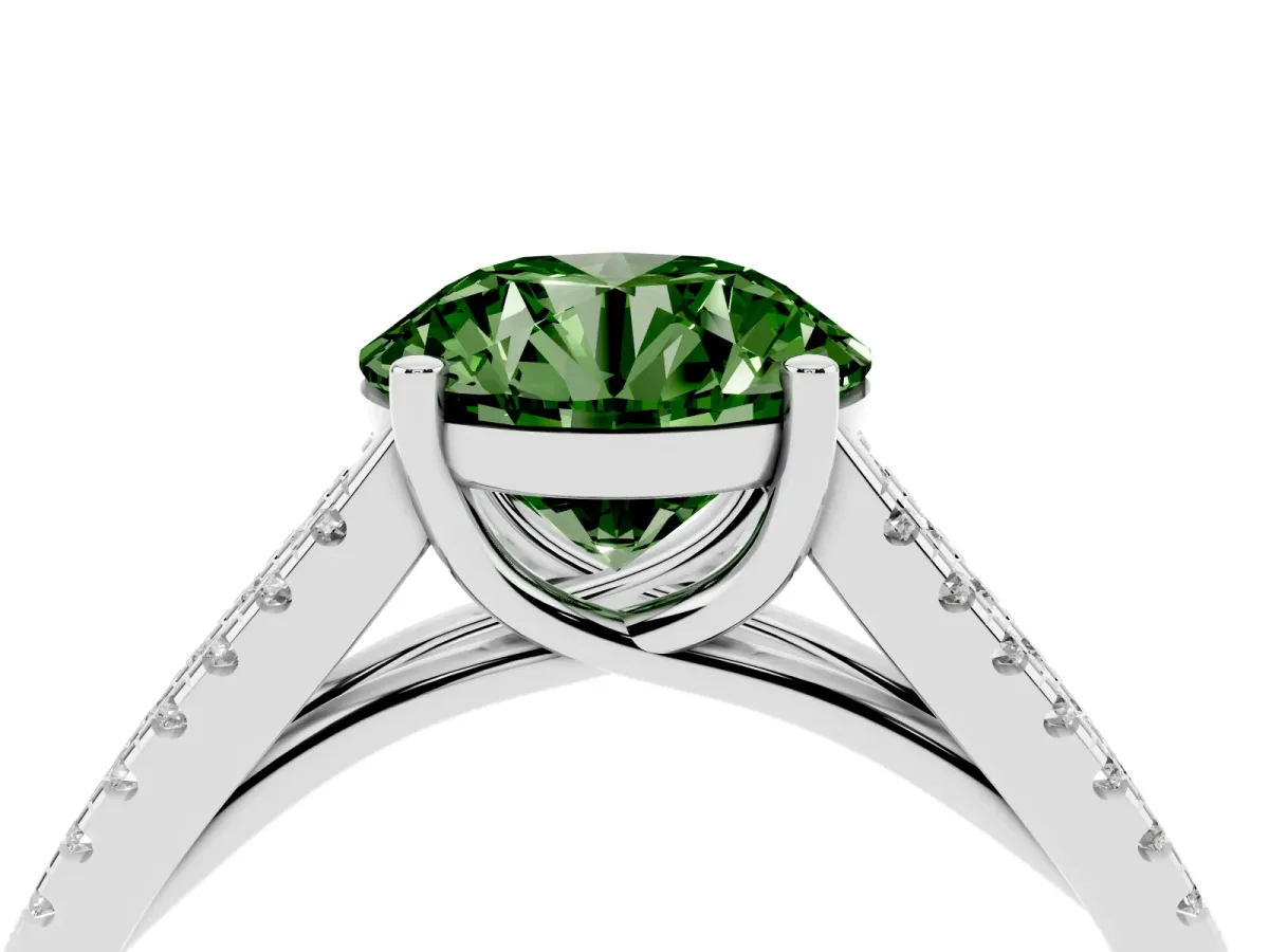 Fancy Green Round Cut Diamond Solitaire Engagement Ring with Split Shank Pavé Band Platinum