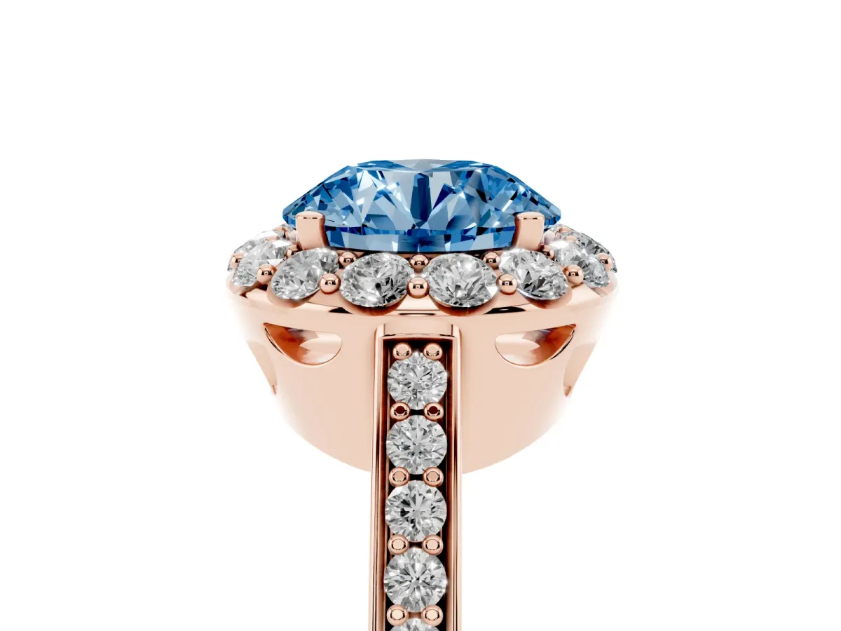 Fancy Blue Round Cut Diamond Floral Halo Ring with Pavé Band and Prong Setting Rose gold