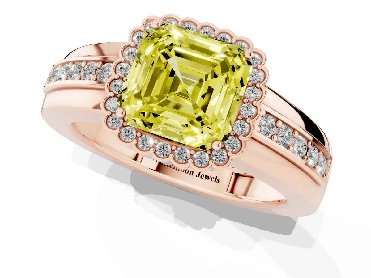 Fancy Yellow Asscher Cut Cut Halo Pave Band Four-Prong Ring Rose gold
