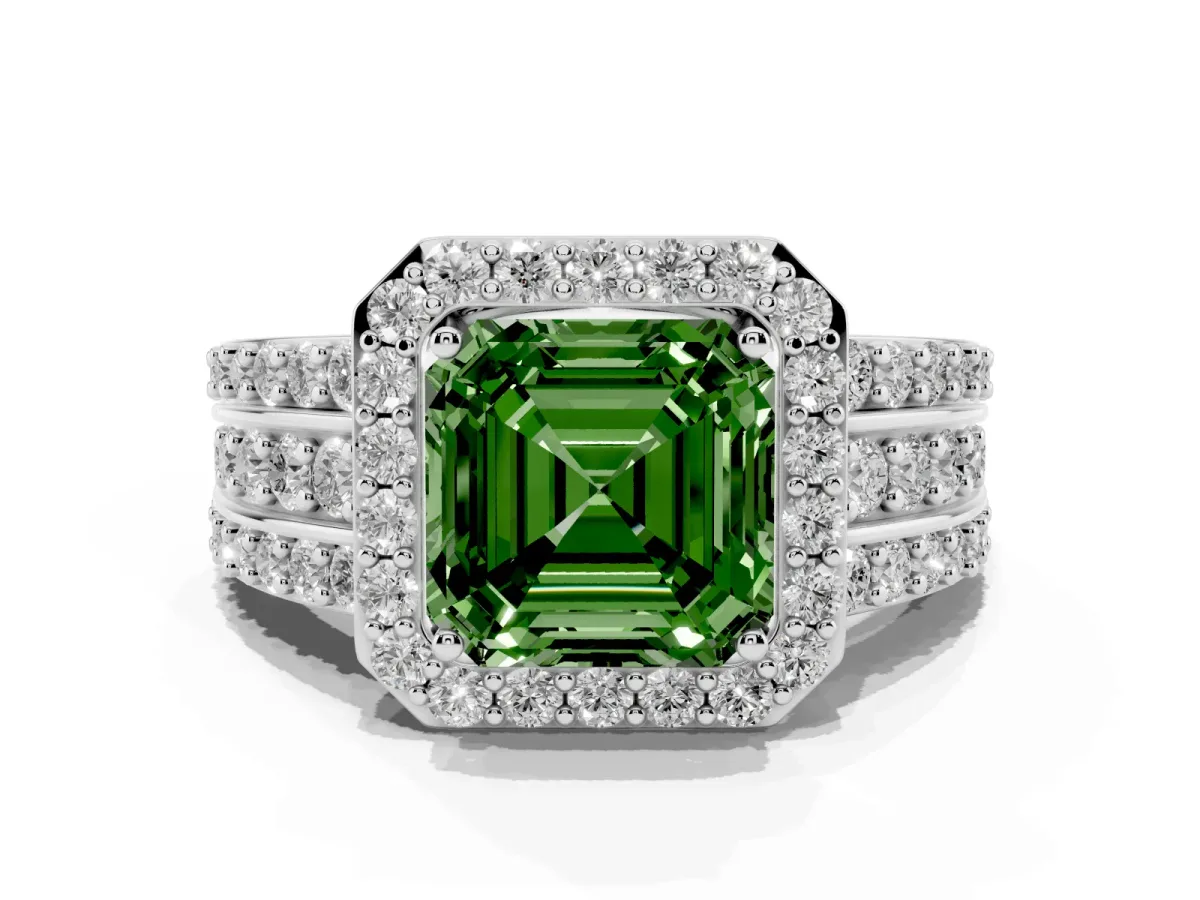 Fancy Green Asscher Cut Halo Diamond Ring with Round Split Shank and Prong Setting Silver