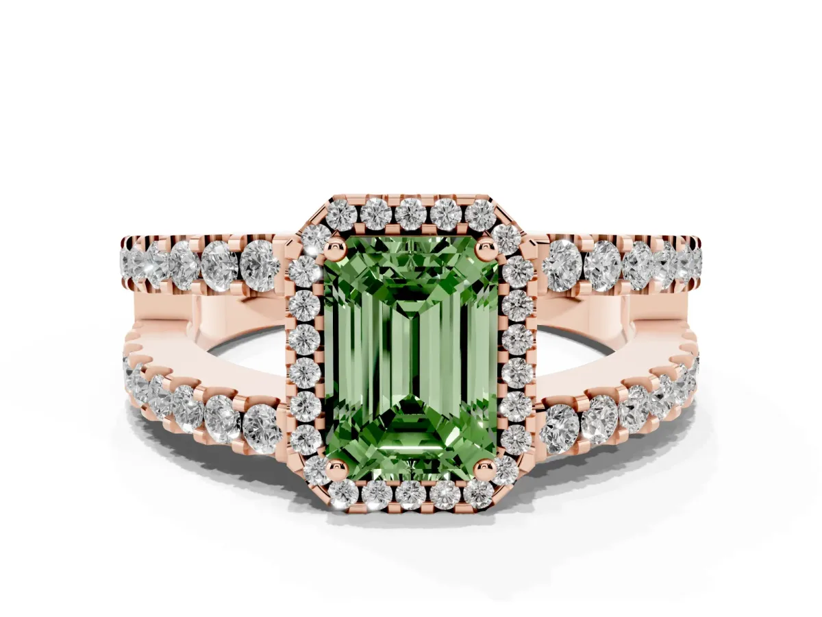 Fancy Green Emerald Cut Cut Halo Split Shank Diamond Ring with Four-Prong Setting Rose gold