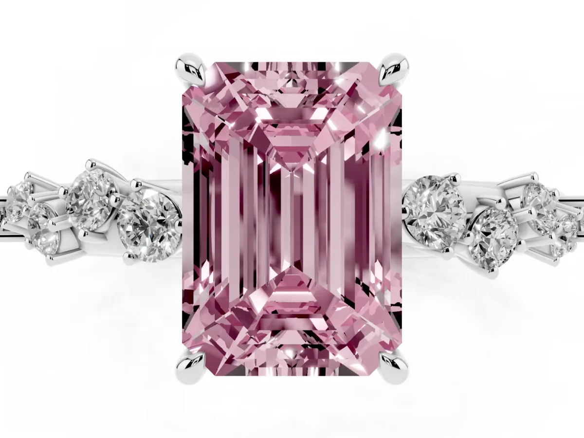 Fancy Pink Emerald Cut Diamond Cluster Side Stone Solitaire Ring with Prong Setting Silver