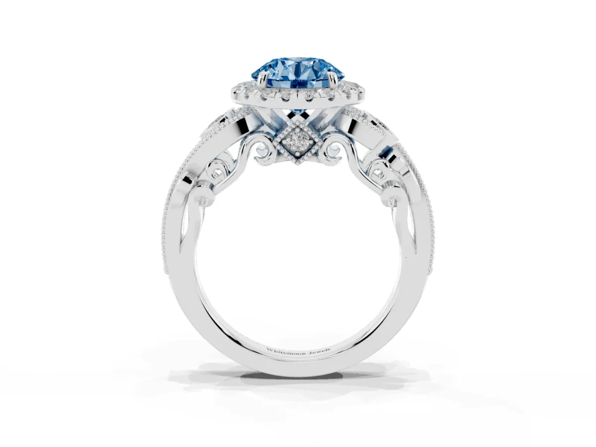 Fancy Blue Round Cut Halo Diamond Ring with Milgrain and Bezel Accents on a Split Shank Band White gold