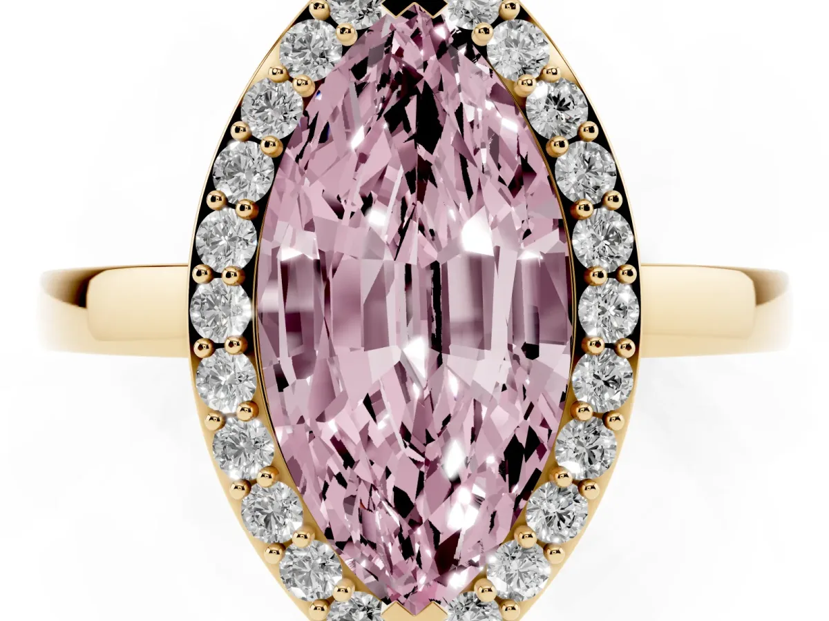 Fancy Pink Marquise Cut Halo Diamond Ring with Solitaire Band and Prong Setting Yellow gold