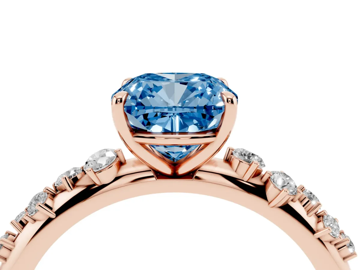 Fancy Blue Cushion Cut Diamond Cluster Prong-Set Solitaire Ring Rose gold
