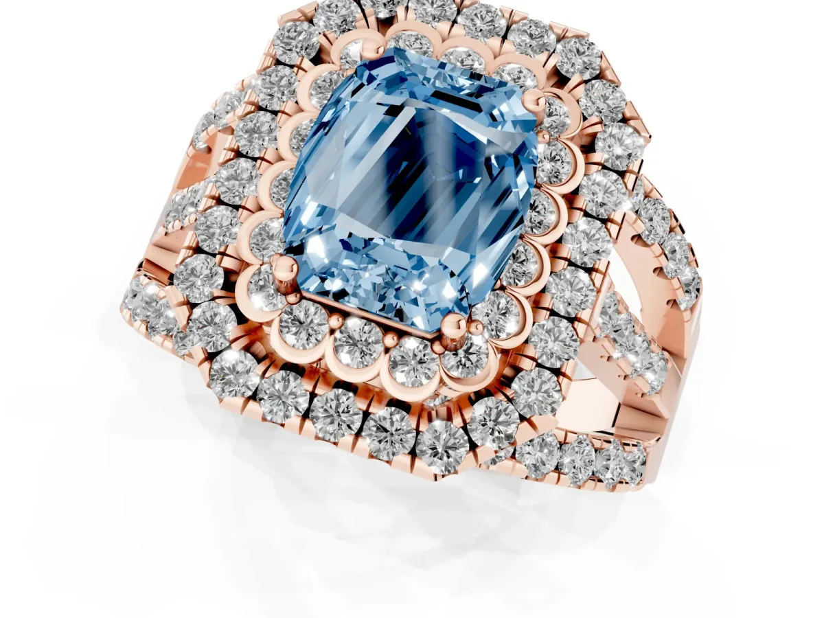 Fancy Blue Emerald Cut Diamond Double Halo Ring with Round Pavé Split Shank and Prong Setting Rose gold
