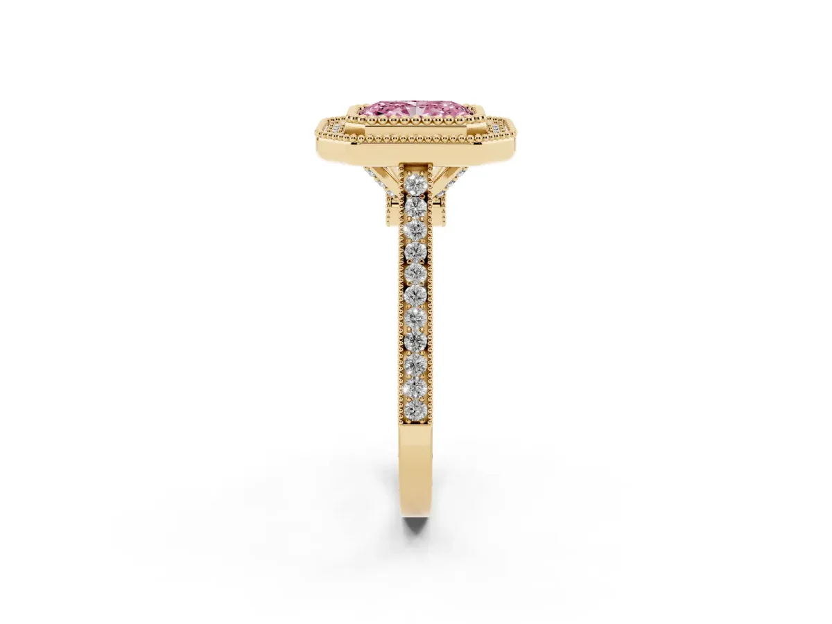 Fancy Pink Radiant Cut Diamond Halo Ring with Milgrain Frame and Pavé Band Yellow gold