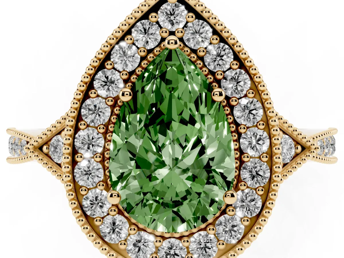 Fancy Green Pear Cut Halo Round Diamond Milgrain Pave Engagement Ring Yellow gold