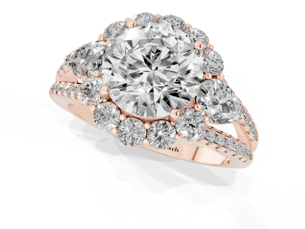 Round Cut Halo Split Shank Diamond Engagement Ring with Prong Setting Rose gold