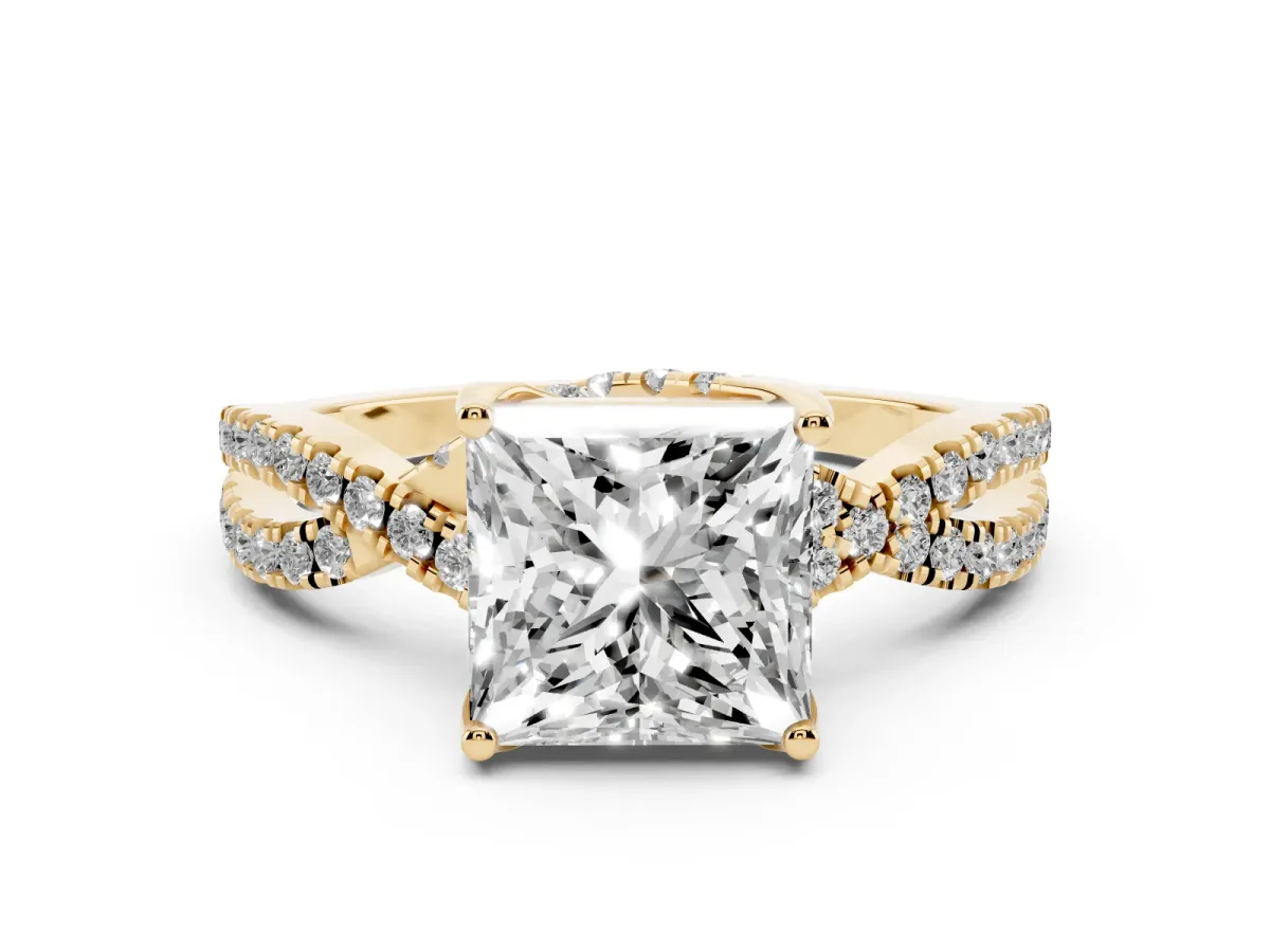 Princess Cut Solitaire Twist Pave Diamond Engagement Ring with Prong Setting Yellow gold