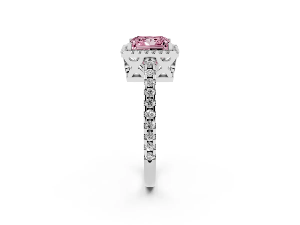 Fancy Pink Princess Cut Diamond Halo Engagement Ring with Pavé Band and Prong Setting Silver
