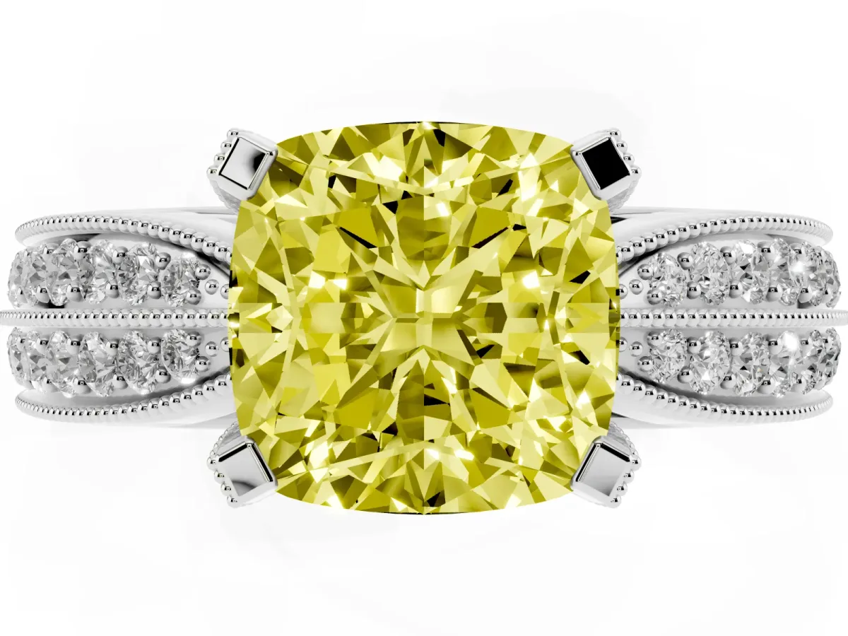 Fancy Yellow Cushion Cut Diamond Solitaire Ring with Milgrain Round Pavé Band and Prong Setting Silver
