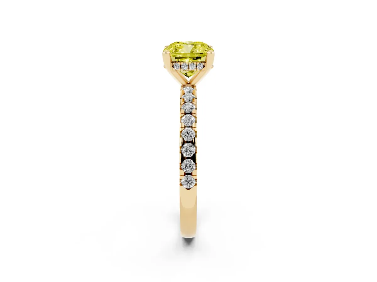 Fancy Yellow Cushion Cut Diamond Solitaire Ring with Round Pavé Band and Four-Prong Setting Yellow gold