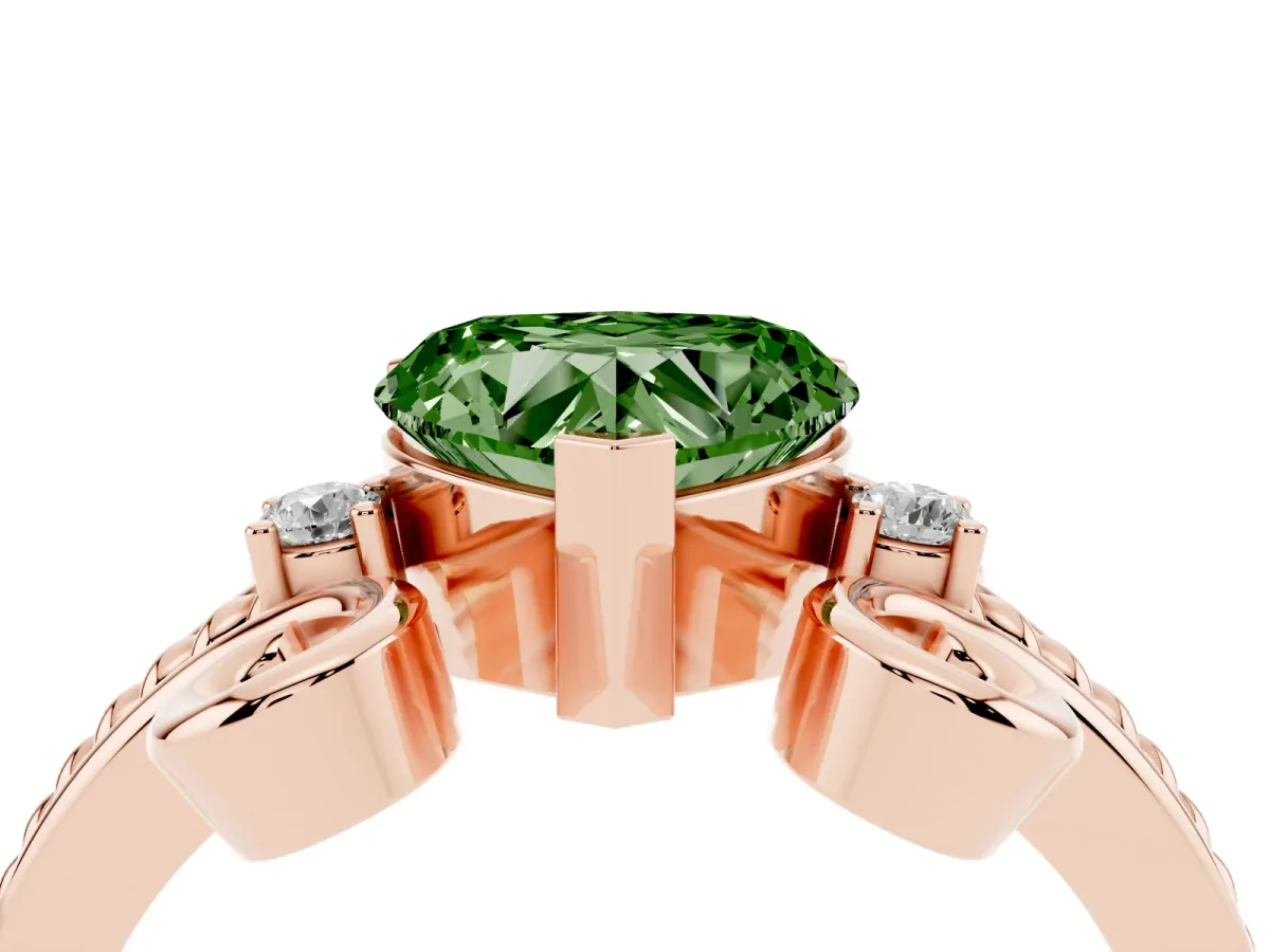 Fancy Green Heart Cut Solitaire Twisted Band Scroll Prong Ring Rose gold
