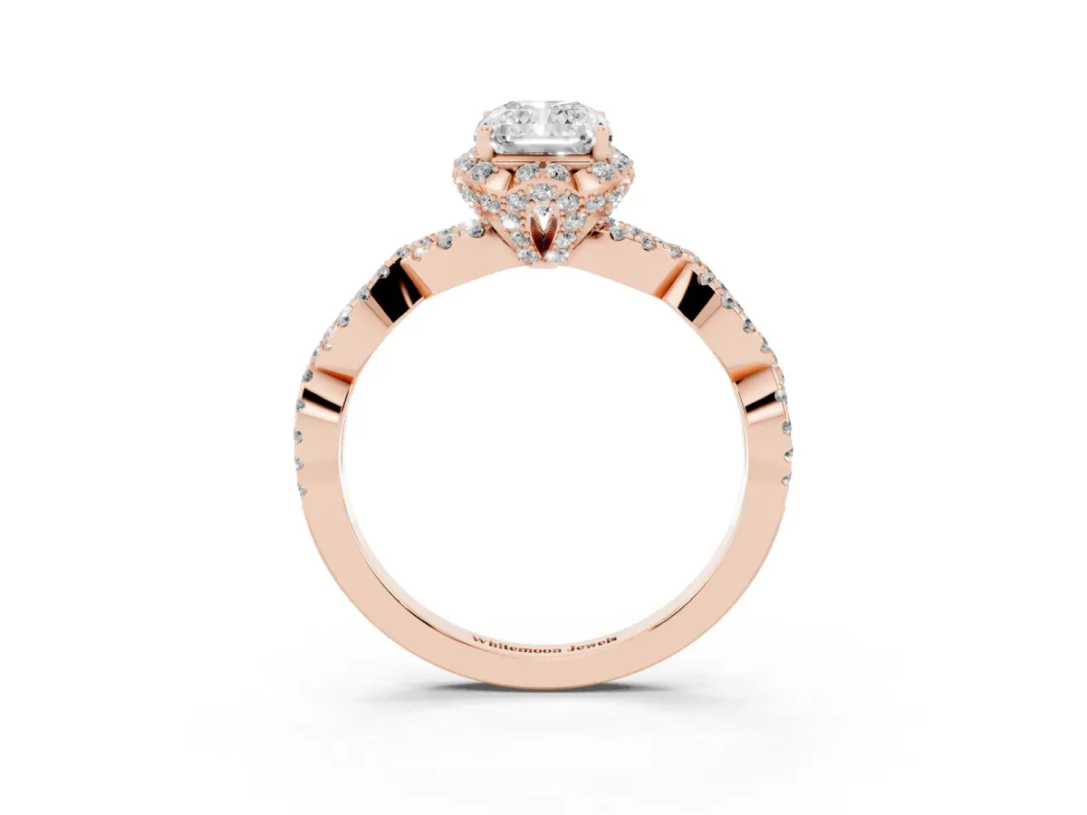 Radiant Cut Halo Twist Band Solitaire Ring with Six-Prong Setting Rose gold