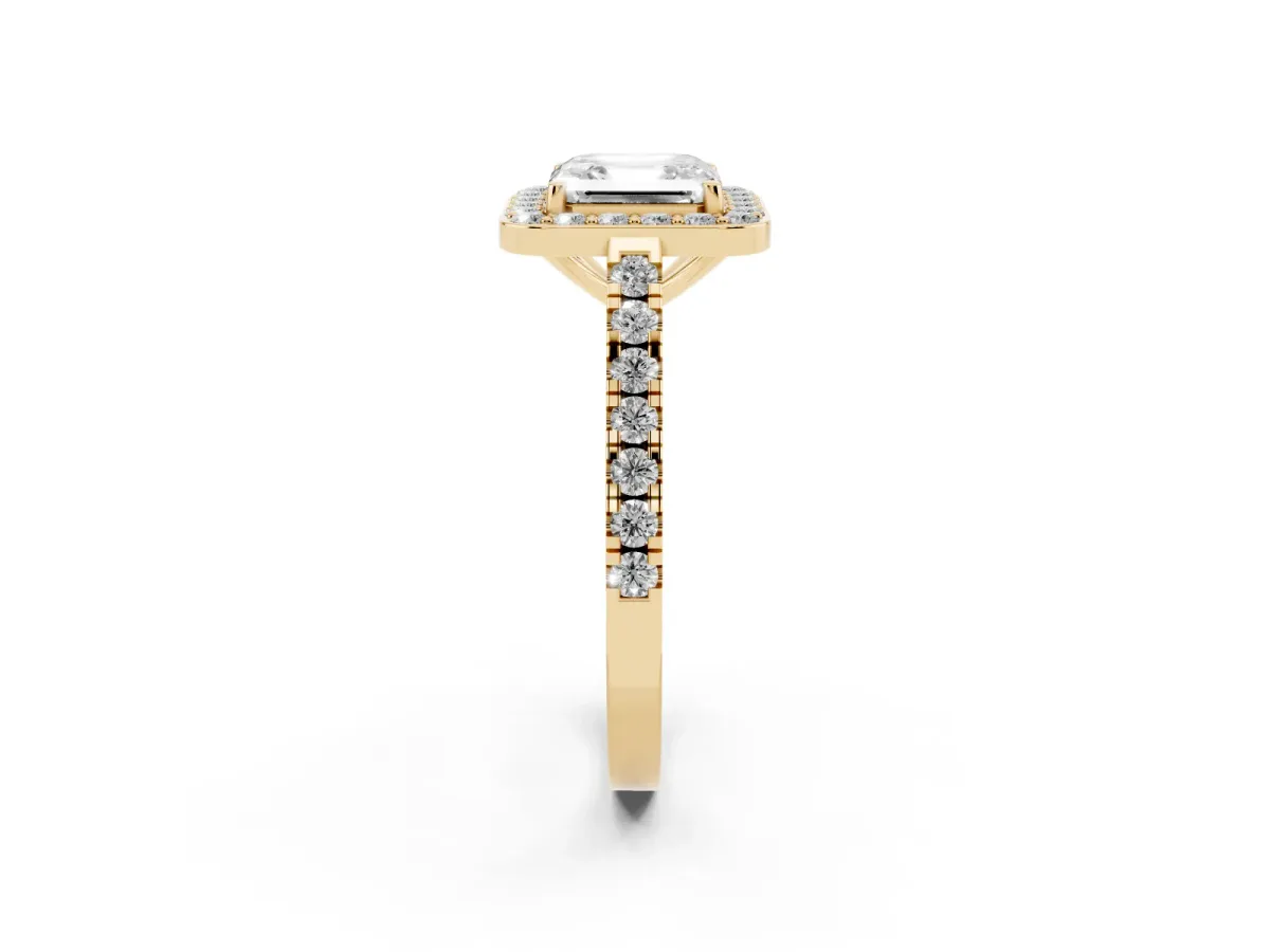 Asscher Cut Diamond Halo Ring with Round Pavé Split Shank and Prong Setting Yellow gold