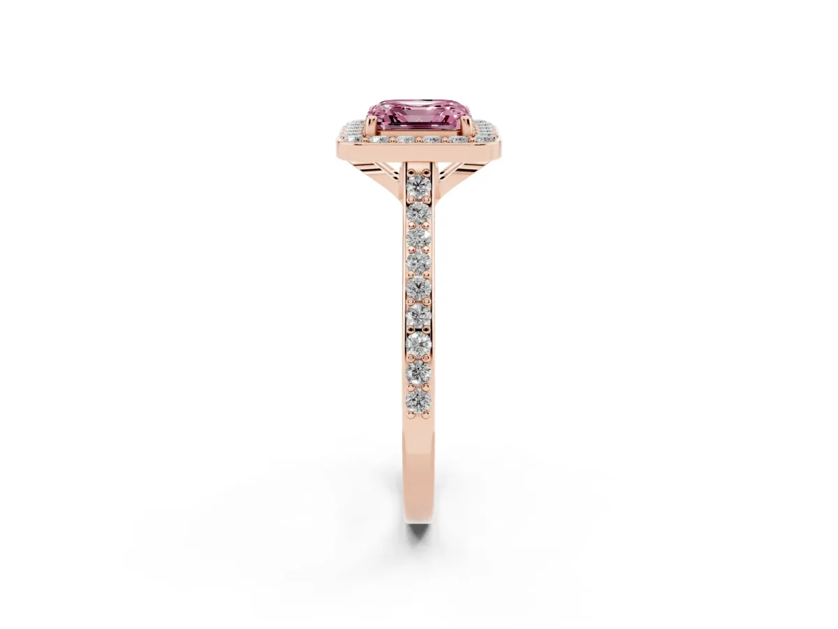 Fancy Pink Asscher Cut Diamond Halo Engagement Ring with Round Pavé Shoulders and Prong Setting Rose gold