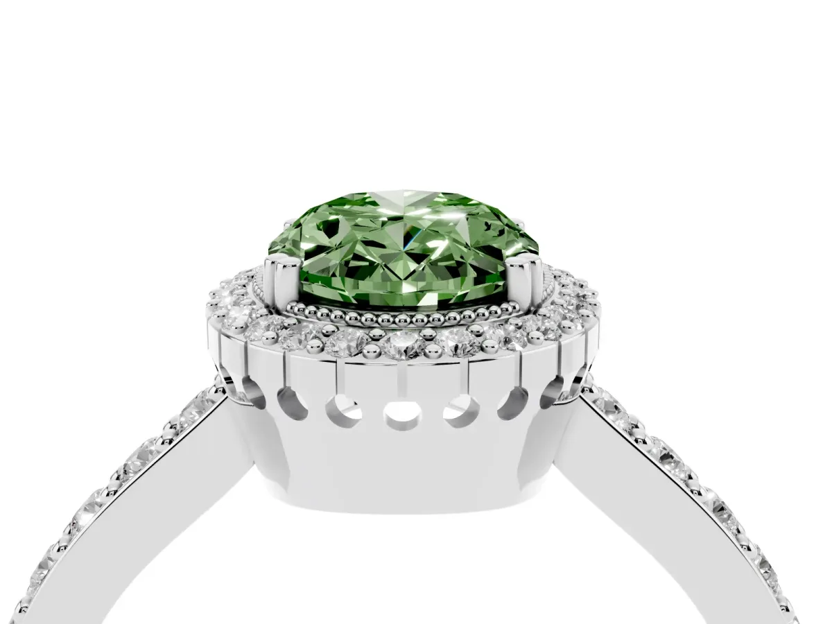 Fancy Green Oval Cut Cut Diamond Halo Engagement Ring with Milgrain Detail and Pavé Band Silver