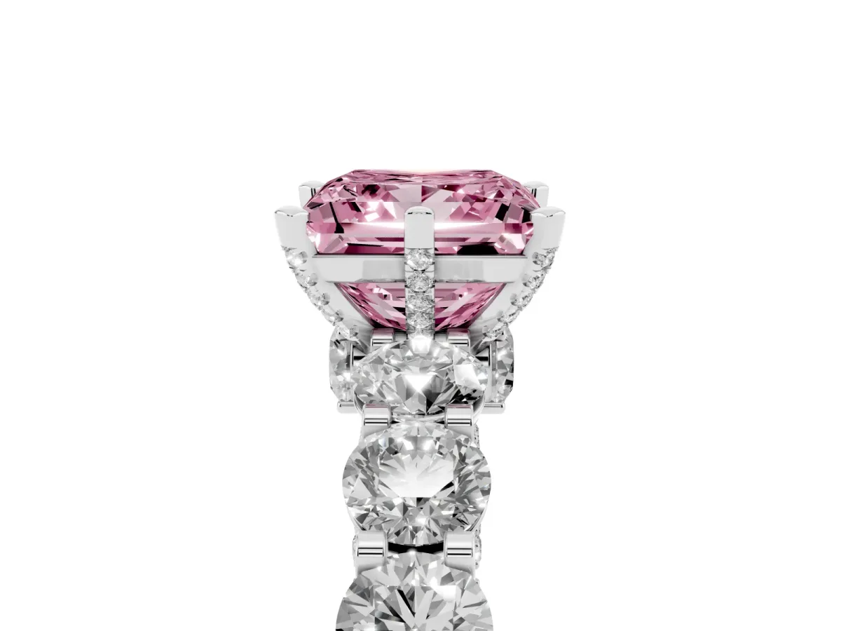 Fancy Pink Princess Cut Diamond Side Stone Engagement Ring with Four-Prong Setting Platinum