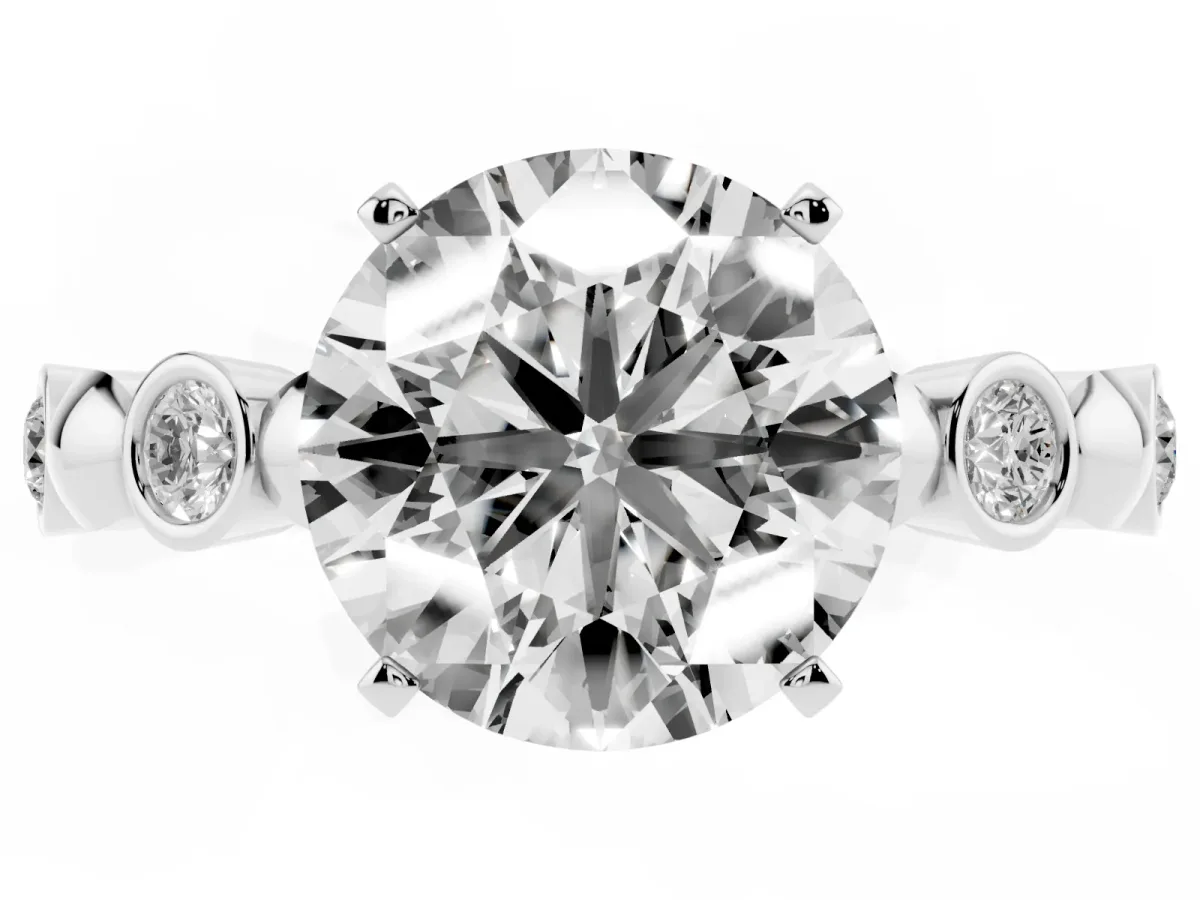 Round Cut Solitaire Bezel-Set Diamond Ring with Beaded Band and Four-Prong Setting Silver
