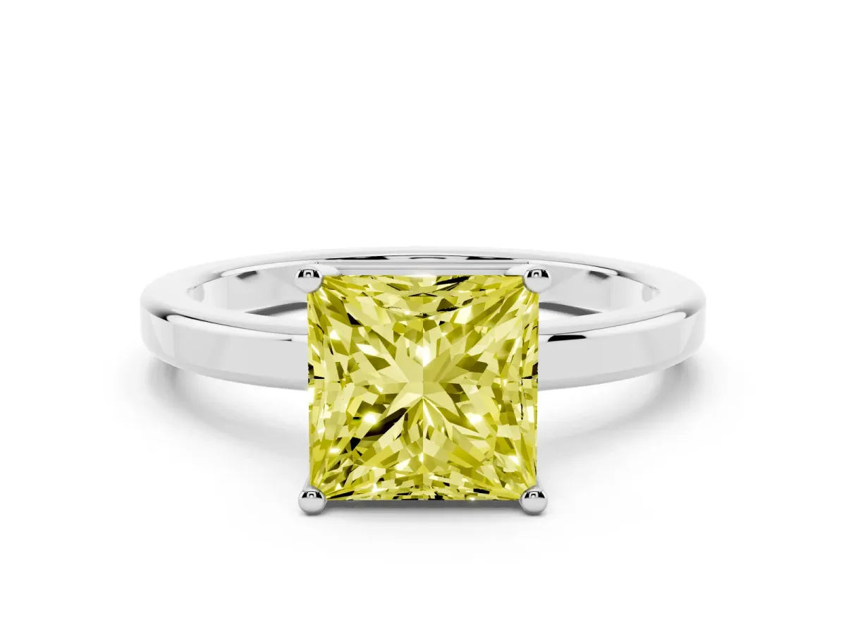 Fancy Yellow Princess Cut Cut Solitaire Engagement Ring with Four-Prong Setting on a Classic Band Platinum