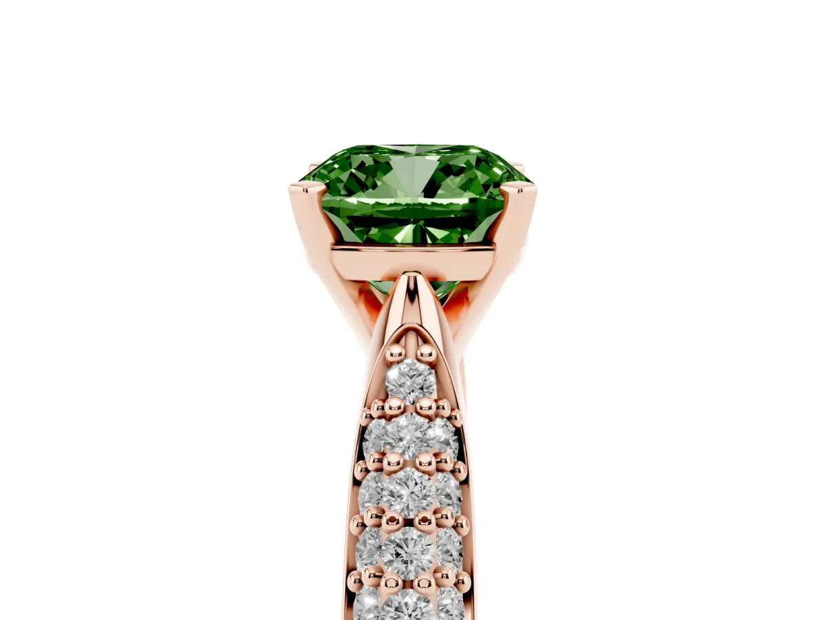 Fancy Green Cushion Cut Diamond Solitaire Engagement Ring with Multi-Row Round Pavé Band and Prong Setting Rose gold
