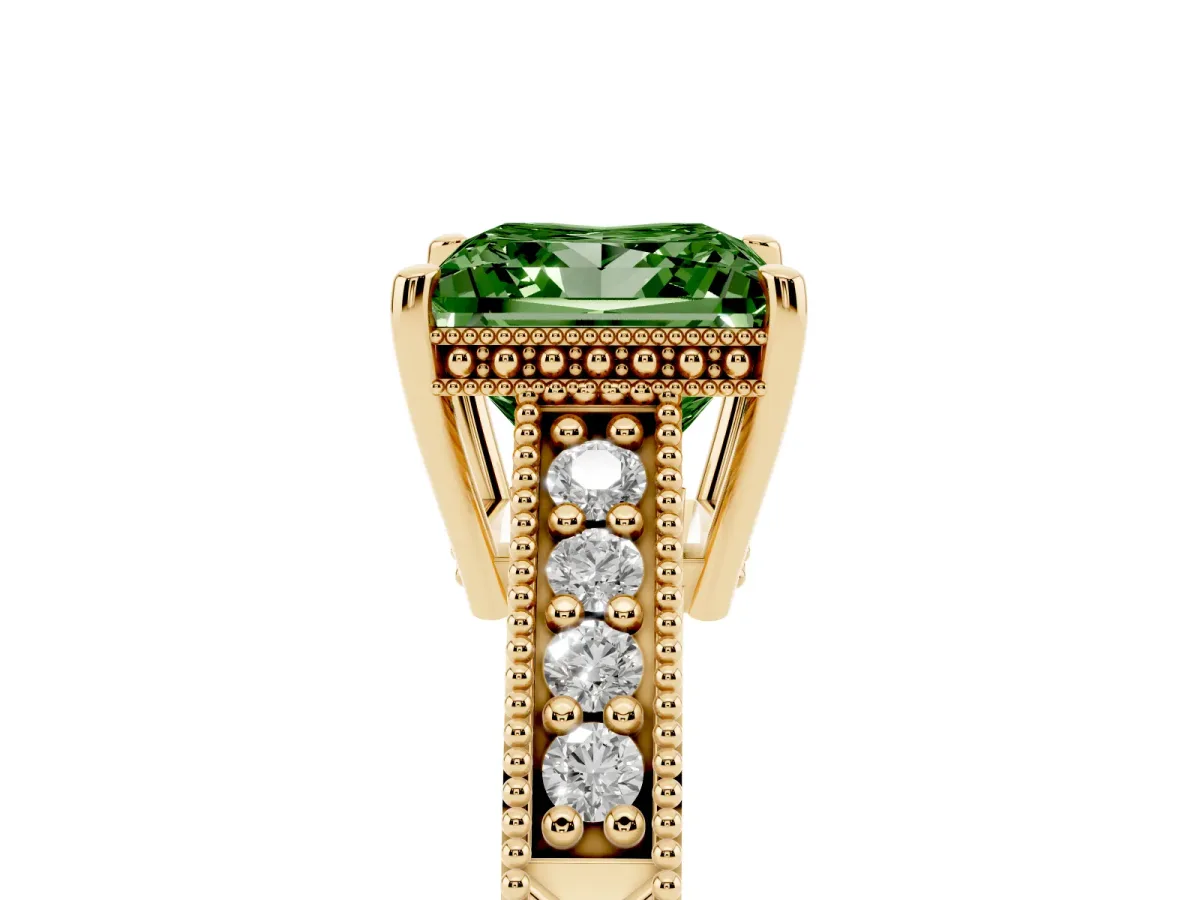 Fancy Green Princess Cut Solitaire Pavé Diamond Milgrain Engagement Ring with Four-Prong Setting Yellow gold
