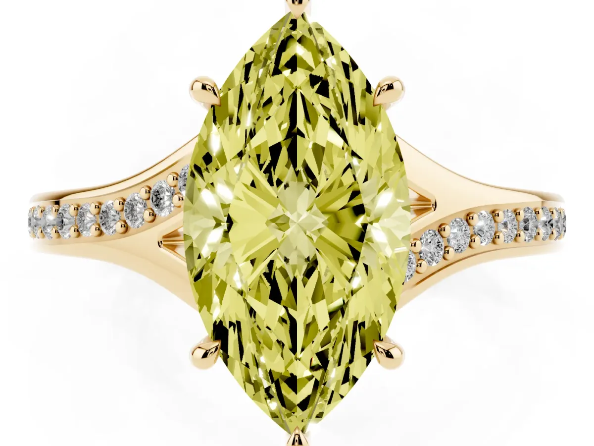 Fancy Yellow Marquise Cut Diamond Solitaire Ring with Pavé Band and Prong Setting Yellow gold