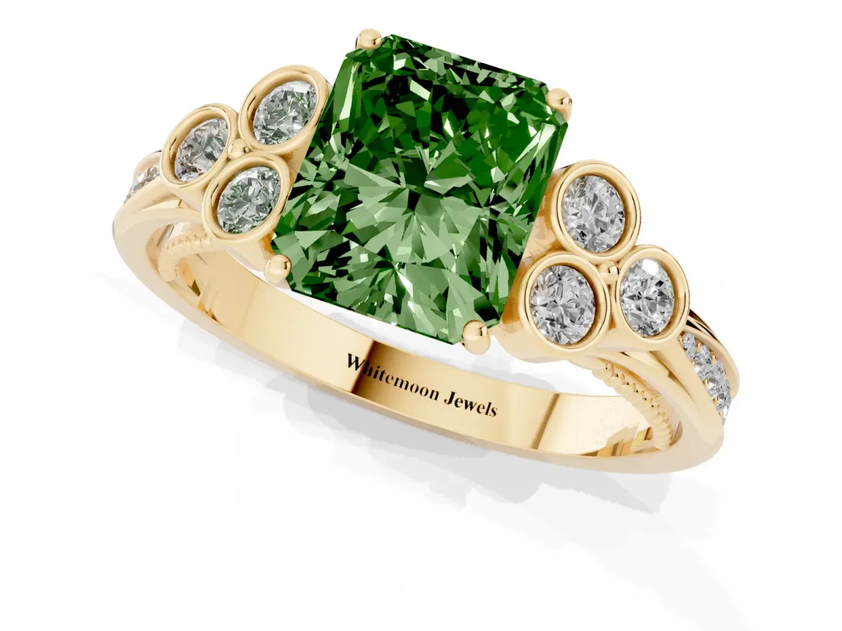 Fancy Green Radiant Cut Cut Diamond Engagement Ring with Bezel Set Round Side Stones and Prong Setting Yellow gold