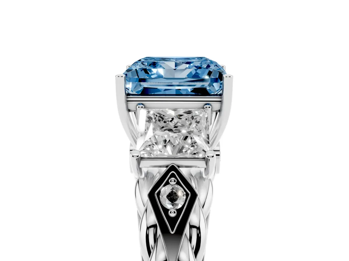Fancy Blue Three-Stone Princess Cut Diamond Braided Band Ring with Four-Prong Setting Platinum