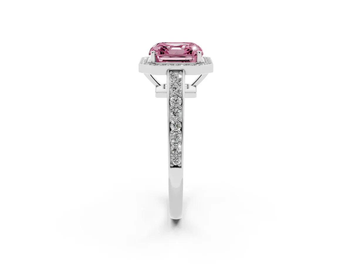 Fancy Pink Asscher Cut Halo Pavé Diamond Engagement Ring with Bezel Setting Platinum
