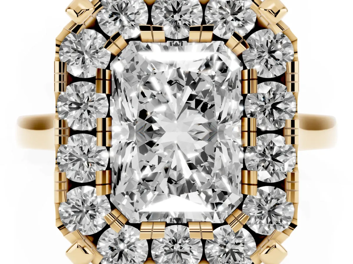 Radiant Cut Diamond Cluster Halo Solitaire with Four-Prong Setting Yellow gold