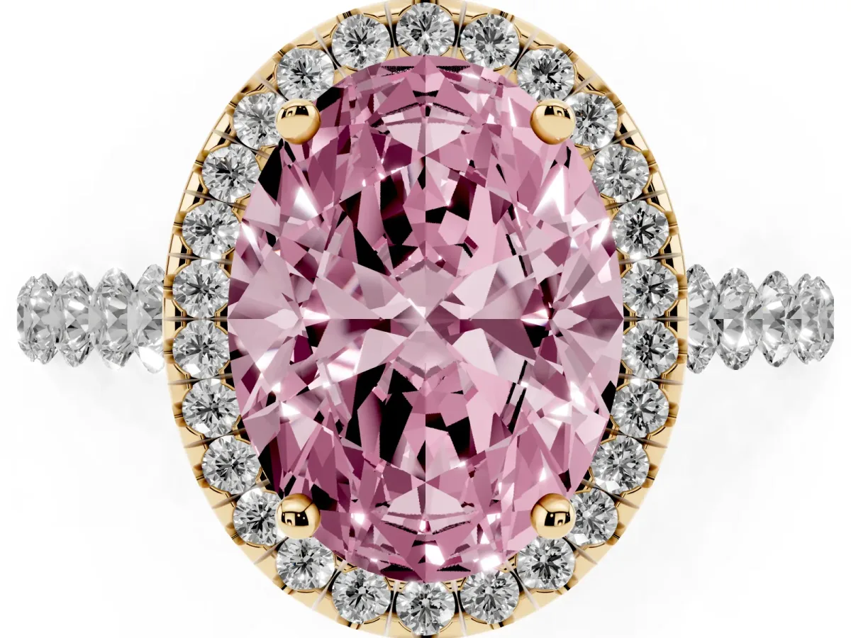 Fancy Pink Oval Cut Halo Pavé Diamond Engagement Ring with Four-Prong Setting Yellow gold