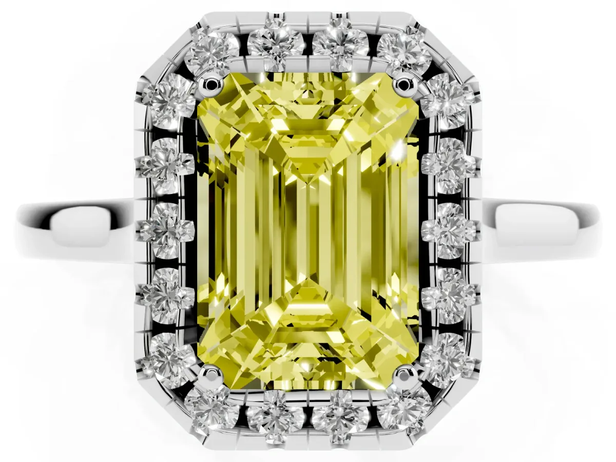 Fancy Yellow Emerald Cut Halo Round Diamond Solitaire Ring with Pavé Band and Four-Prong Setting Silver