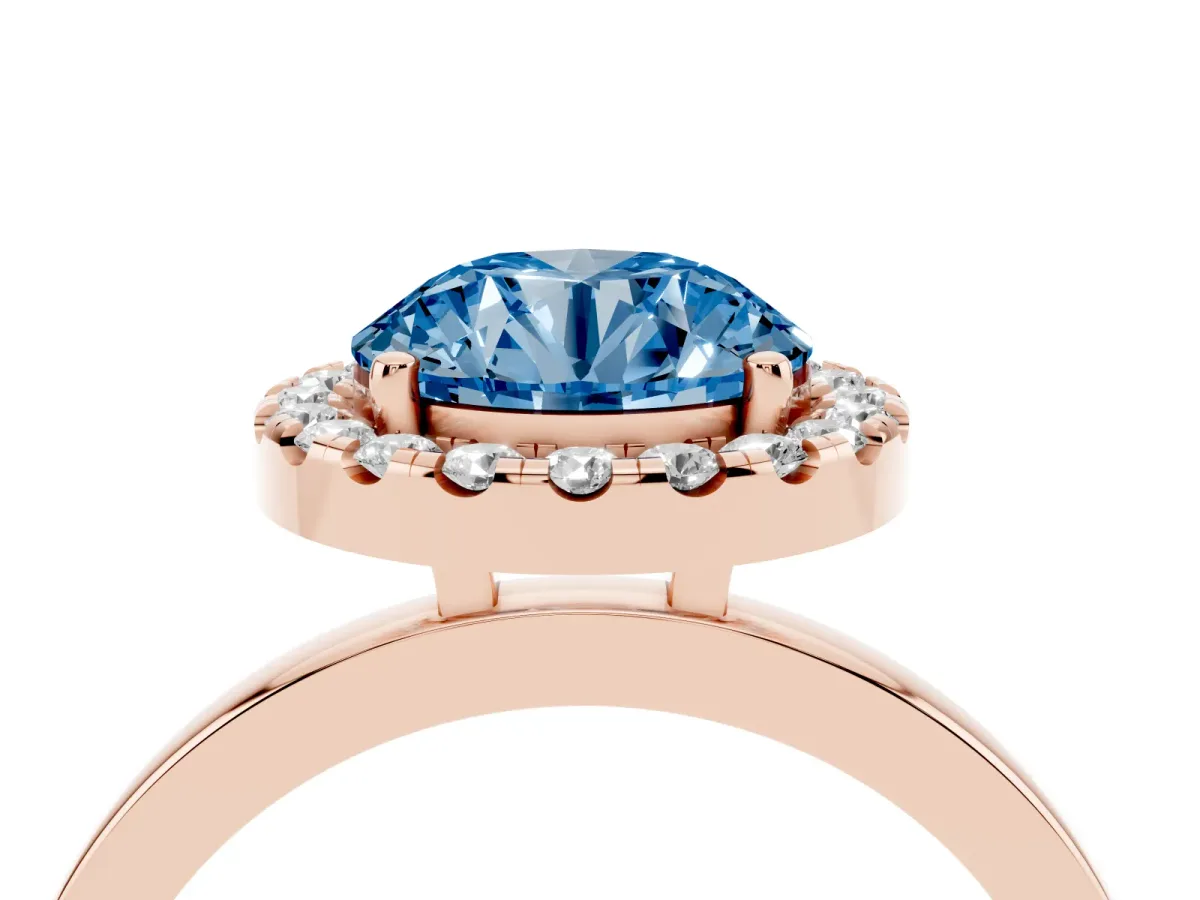 Fancy Blue Round Cut Halo Diamond Solitaire with Pavé Band and Four-Prong Setting Rose gold