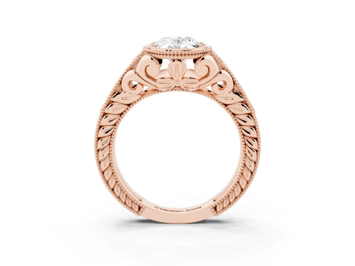 Bezel Set Oval Cut Diamond Milgrain Pave Engagement Ring Rose gold