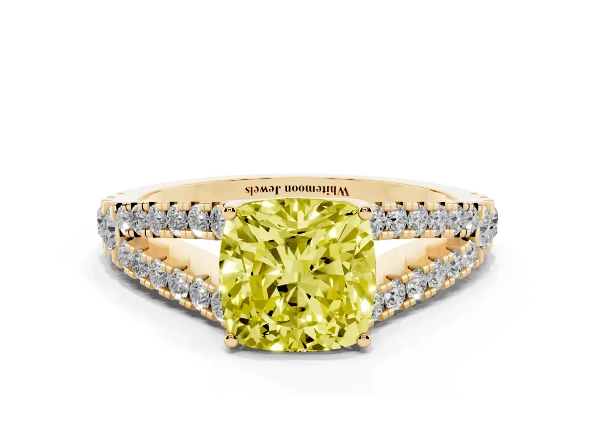 Fancy Yellow Cushion Cut Diamond Split Shank Engagement Ring with Round Pavé and Prong Setting Yellow gold