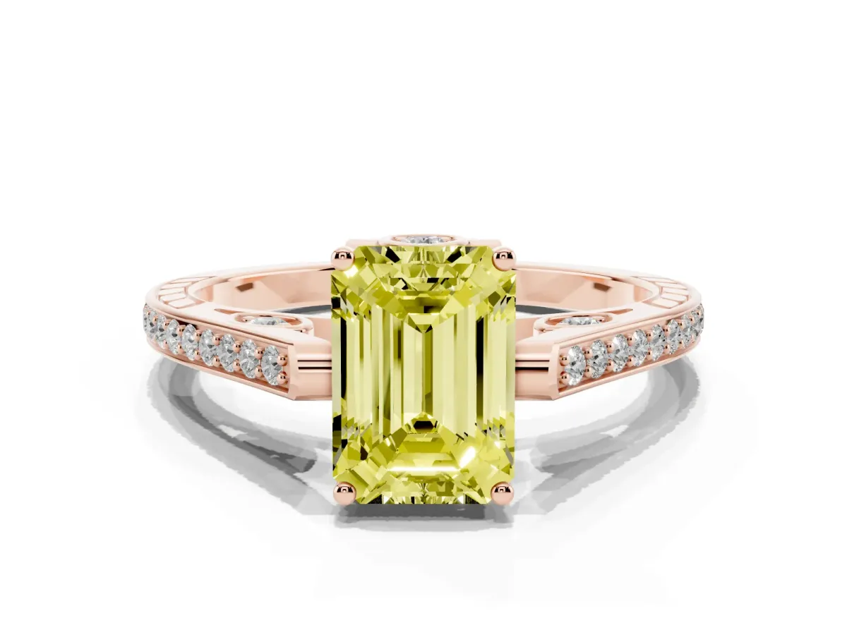 Fancy Yellow Emerald Cut Cut Cathedral Pave Diamond Engagement Ring with Six-Prong Setting Rose gold